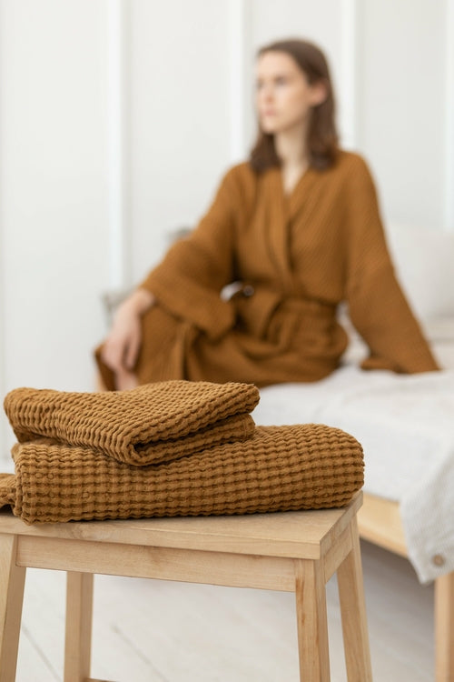 Linen waffle robe with hoodie - Light grey