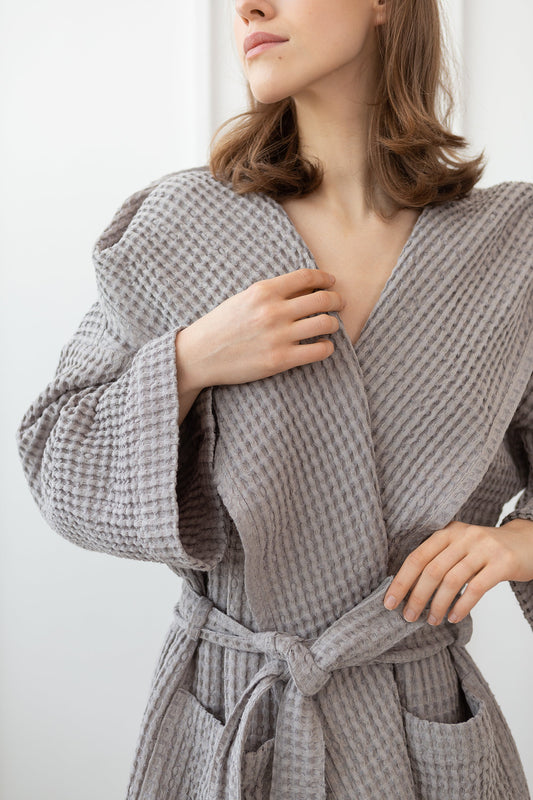 Linen waffle robe with hoodie - Light grey