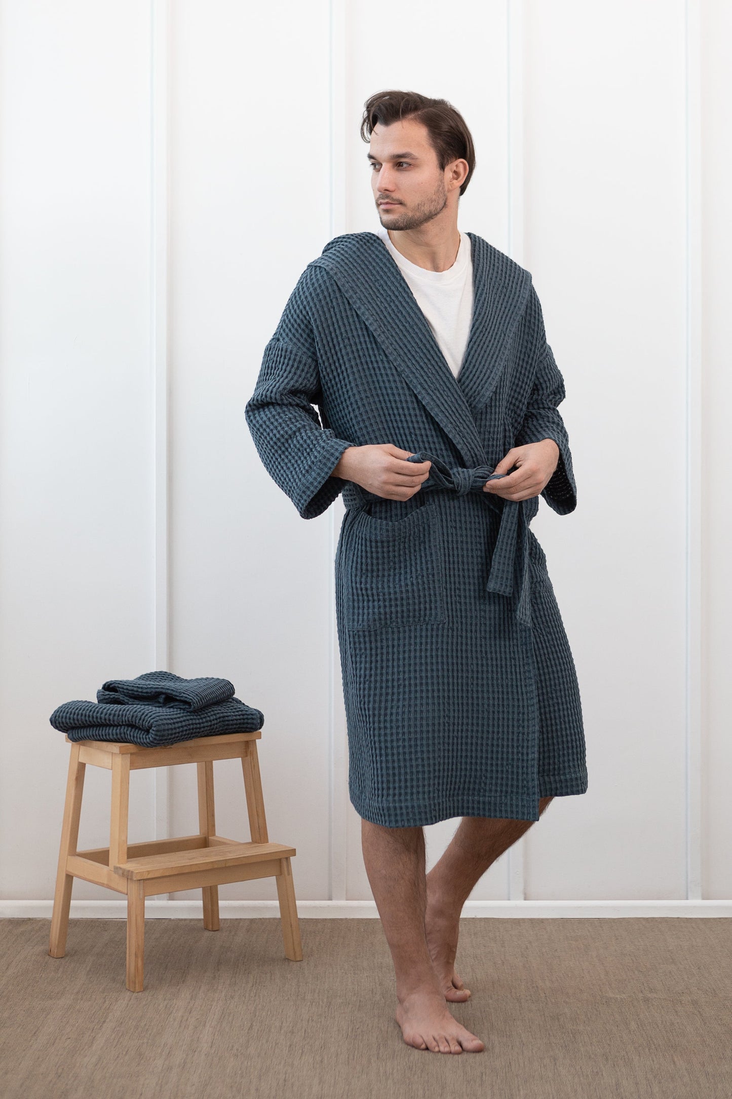 Linen waffle robe with hoodie - Light grey