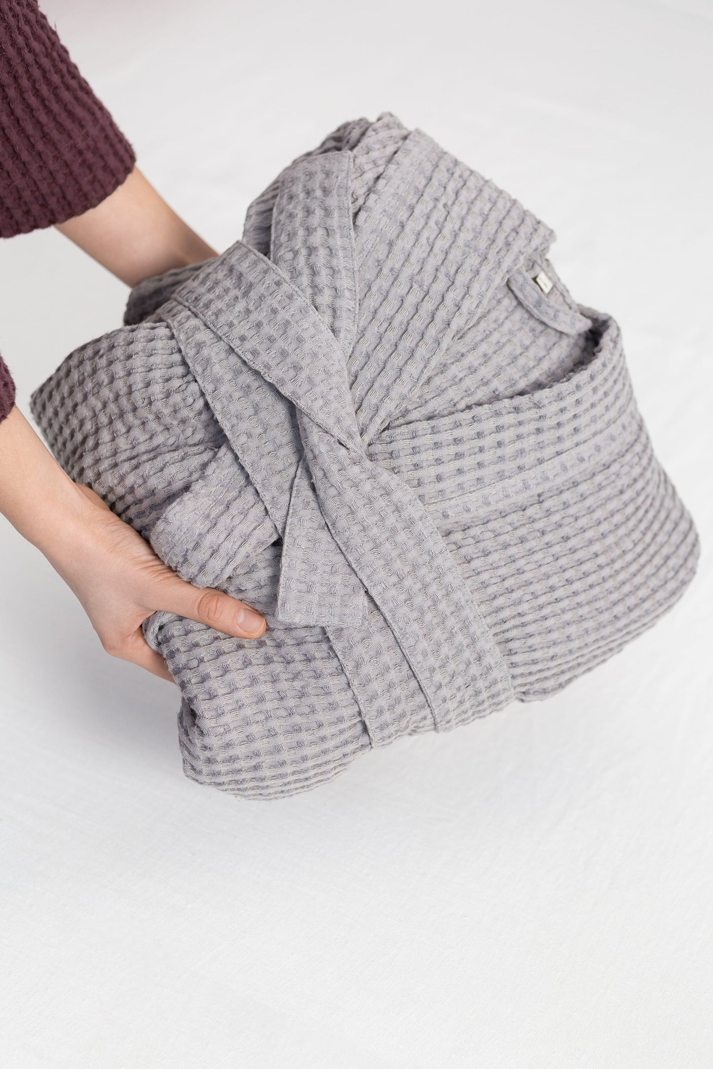 Linen waffle robe with hoodie - Light grey