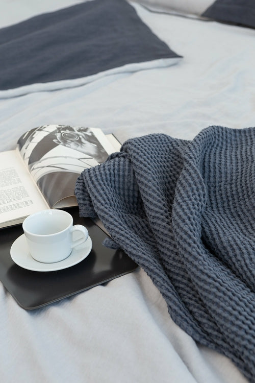 Linen waffle robe with hoodie - Light grey