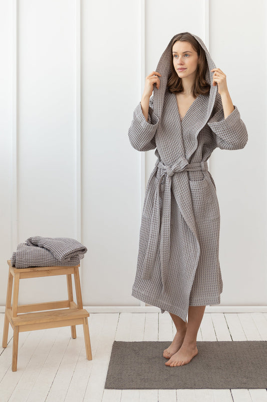 Linen waffle robe with hoodie - Light grey