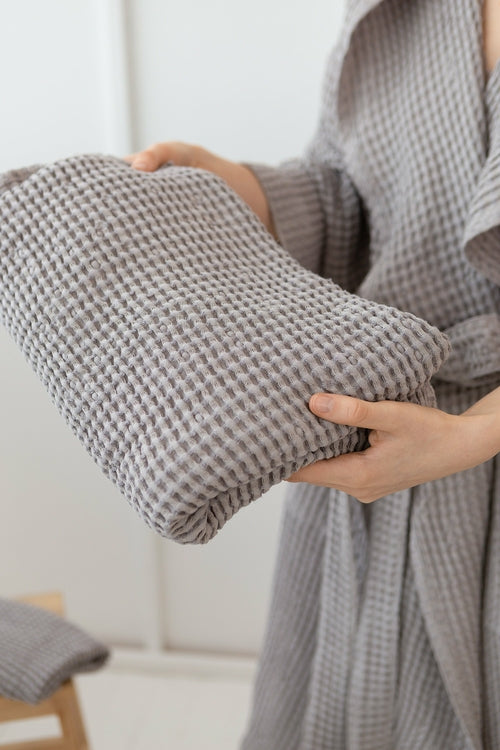 Linen waffle robe with hoodie - Light grey