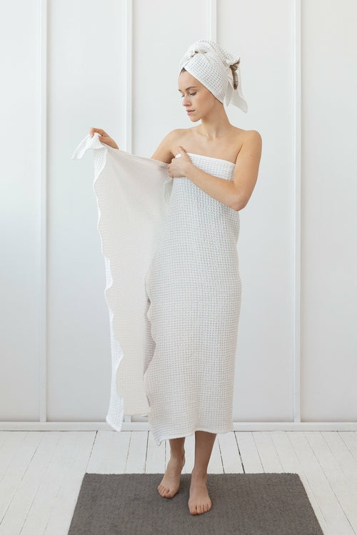 Linen waffle robe with hoodie - Light grey