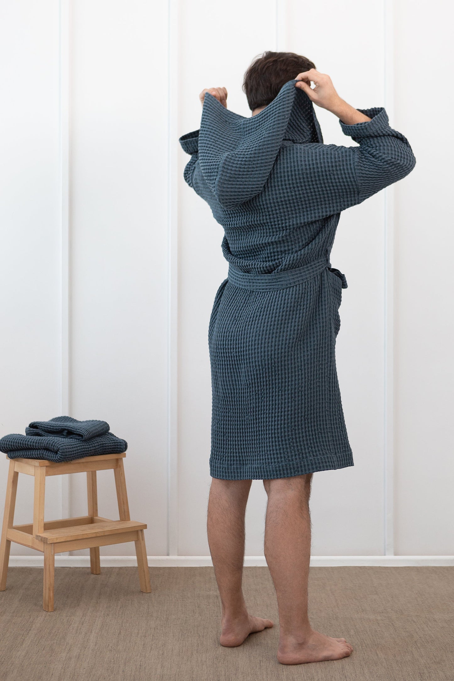 Linen waffle robe with hoodie - Light grey