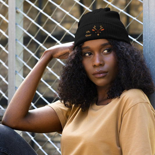 Organic Ribbed Cotton Beanie - Cute Deer