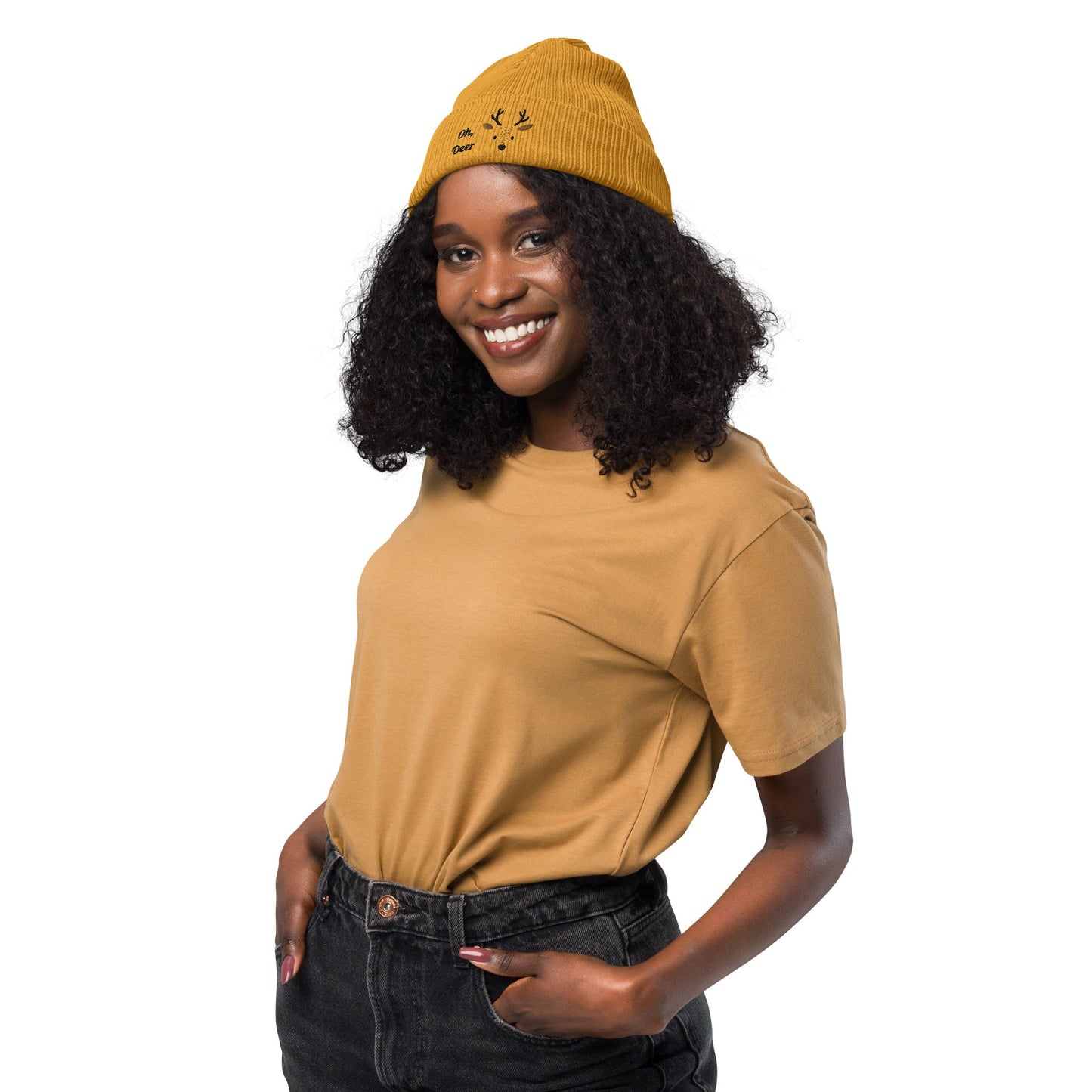 Organic Ribbed Cotton Beanie - Cute Deer