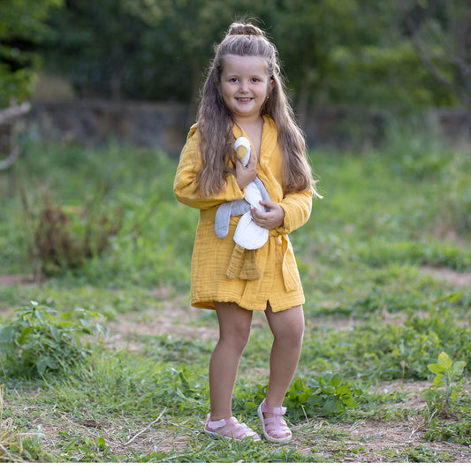 Organic Cotton Muslin Bathrobe - Mustard